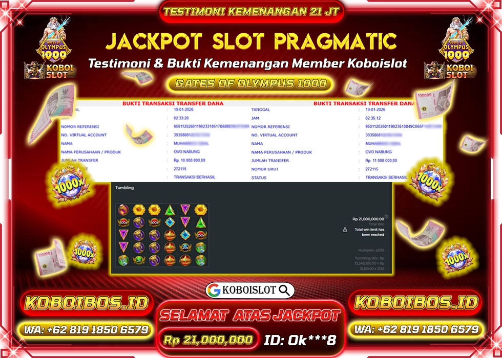BUKTI KEMENANGAN ID Ok***8 SLOT GACOR GATES OF OLYMPUS 1000 Rp21.000.000,- LUNAS